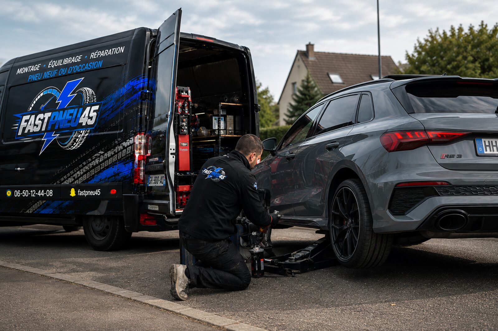 Technicien FAST PNEU 45 montant un pneu avec une machine mobile devant un domicile